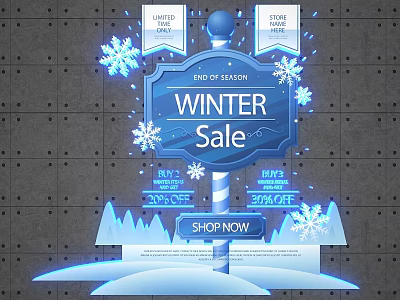 End of Season Winter Sale Promotion With Snowflakes And Shop Now Button 3d model