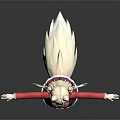 Anime Game Character with White Ears Tail Red Top Purple Skirt Red Stockings Arms Outstretched