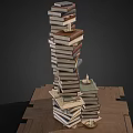 Artistic Stacked Books Display With Wooden Planks And Decorative Candle Accent