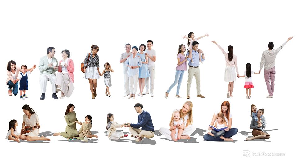 Diverse Group of People in Different Poses Including Adults and Children 3d model 