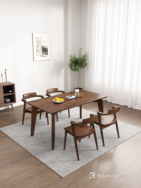Dining Room Interior Design With Wooden Table Chairs Gray Rug Potted Plant And White Curtains 3d model 