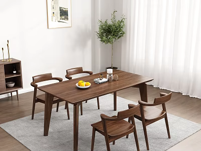 Dining Room Interior Design With Wooden Table Chairs Gray Rug Potted Plant And White Curtains 3d model