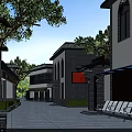 Traditional Chinese Commercial Street With White Walls Gray Tiles Green Trees Stone Pavement And Benches