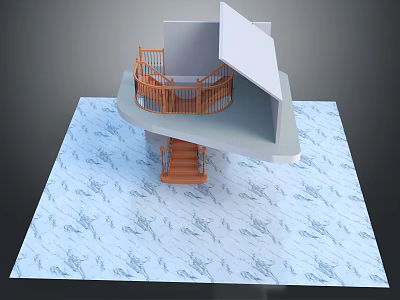Wooden Staircase With Handrail And Landing On Patterned Floor Interior Design 3d model