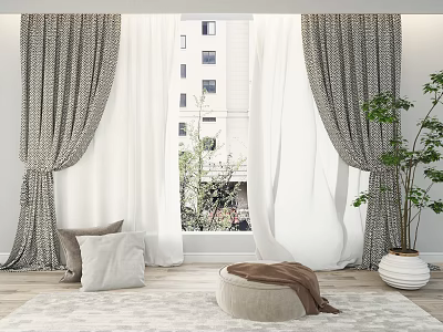Grey and white curtains in modern interior with window plants cushions and blanket on rug 3d model