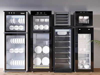 Modern Black Kitchen Appliances With Glass Door Storage And Dinnerware 3d model