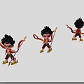 Cartoon Game Movie Character With Black Hair Red Gold Outfit Holding Spear And Floating Ribbons