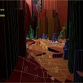 Cartoon Fantasy Scene With Red Toned Tall Block Structures Light From Above And Scattered Stones