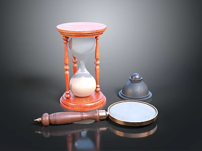 Vintage Desk Setup With Wooden Hourglass Brass Bell And Magnifying Glass 3d model