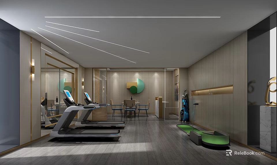 Modern Entertainment Room Interior Design With Treadmills Mirrors Wooden Walls And Green Seats 3d model 