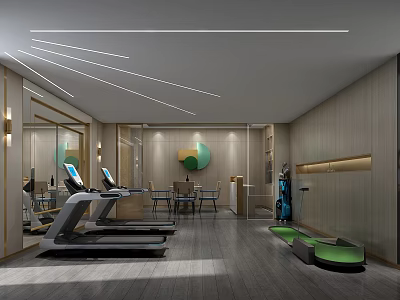 Modern Entertainment Room Interior Design With Treadmills Mirrors Wooden Walls And Green Seats 3d model