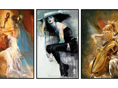 Three Female Portrait Paintings Featuring Violin Cello Players And Wide Brim Hat Lady 3d model