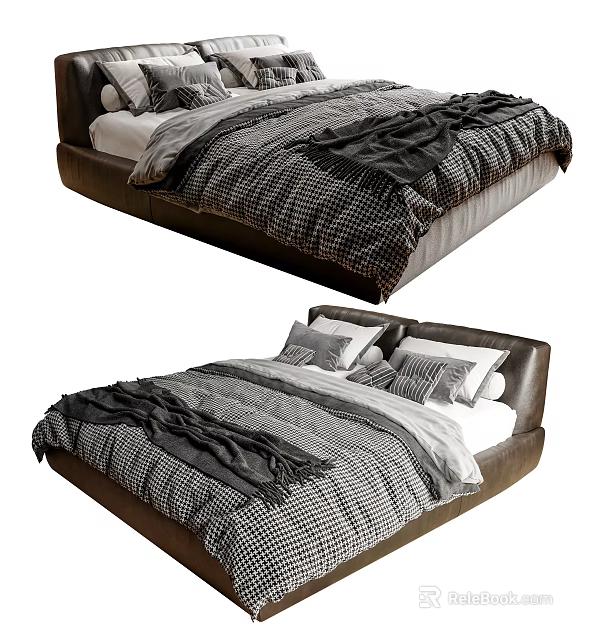Modern Double Bed With Leather Headboard Checkered Bedspread Pillows And Soft Blanket 3d model