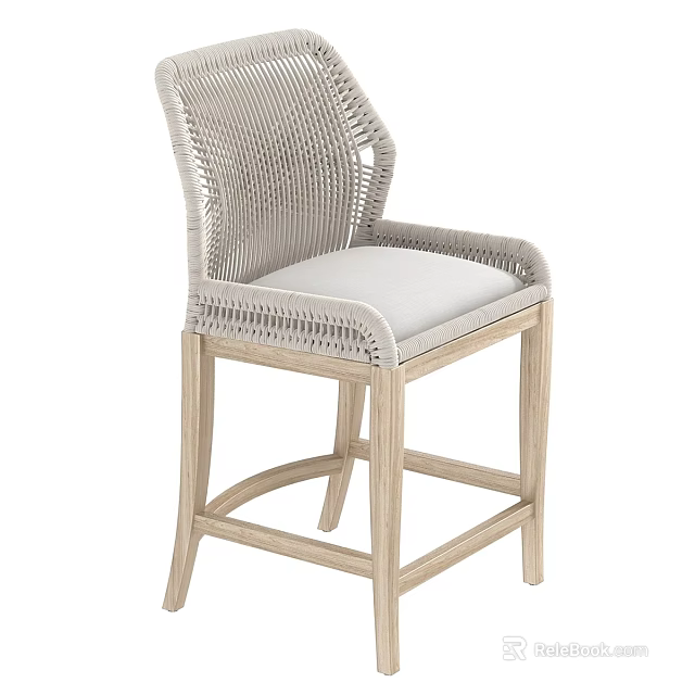 Woven Wicker Bar Stool With Light Gray Cushion And Wooden Frame 3d model 