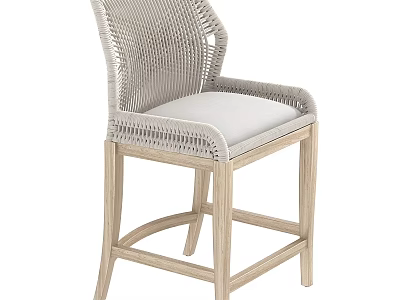 Woven Wicker Bar Stool With Light Gray Cushion And Wooden Frame 3d model