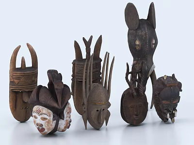 Traditional Handcrafted Wooden Masks With Various Shapes And Ethnic Cultural Patterns 3d model