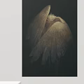 Abstract Painting of Mysterious Figure with Large White Feathered Wings on Black Background