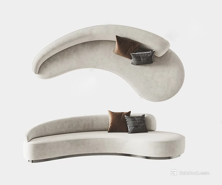 Modern Curved Sectional Sofa with Light Colored Upholstery and Brown Gray Pillows 3d model