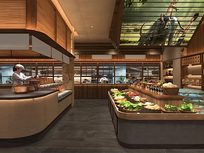 Open Kitchen Restaurant Interior With Chef Preparing Food And Fresh Ingredients 3d model