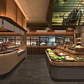 Open Kitchen Restaurant Interior With Chef Preparing Food And Fresh Ingredients
