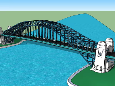 Iconic Steel Arch Bridge Over Blue River With White Stone Piers 3d model