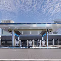 Modern Futuristic Gas Station Architecture With Illuminated Canopy And Fuel Pumps