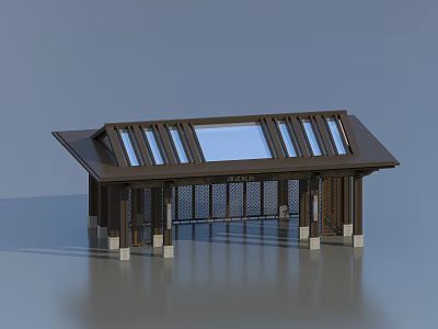 Modern Entrance Pavilion With Sloped Glass Window Roof And ENTRANCE Sign Supported By Columns 3d model