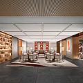 Modern Chinese Style Lounge Area Interior With Wooden Screens Bookshelves And Seating