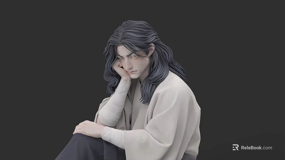 Man With Long Hair In Light Colored Robe And Bandaged Arm Sitting Contemplatively 3d model 