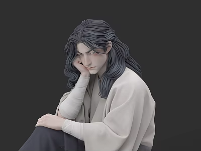 Man With Long Hair In Light Colored Robe And Bandaged Arm Sitting Contemplatively 3d model