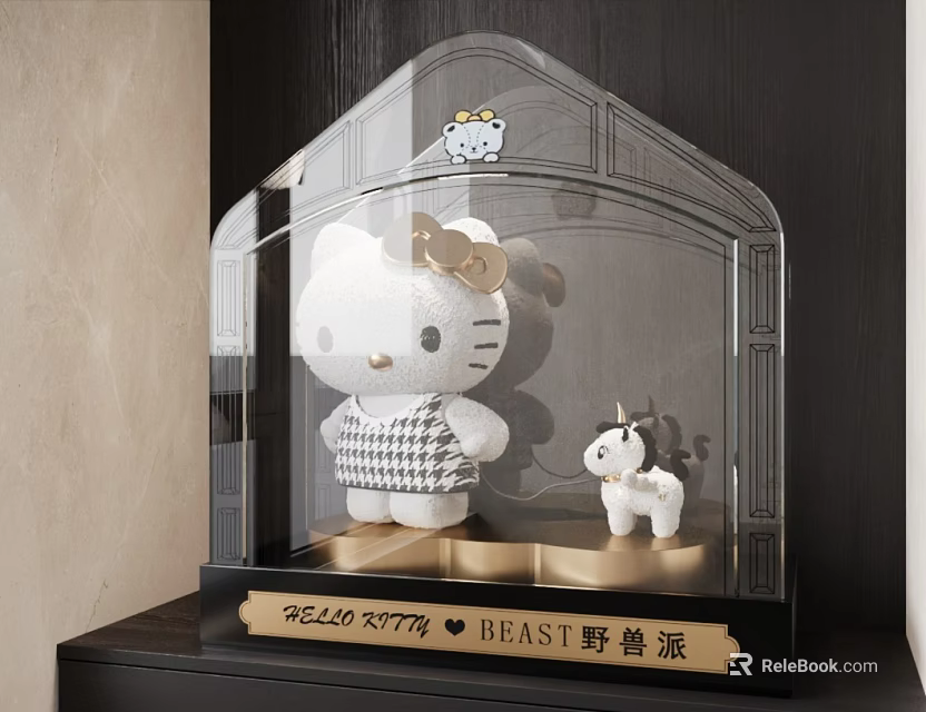 Decorative Ornament Set with Transparent Display Case Hello Kitty and Little Goat Dolls BEAST Collaboration 3d model 