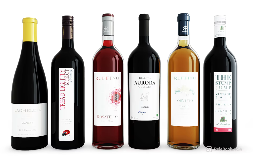 Assorted Wine Bottles With Different Brand Labels And Colorful Designs On 3d model 