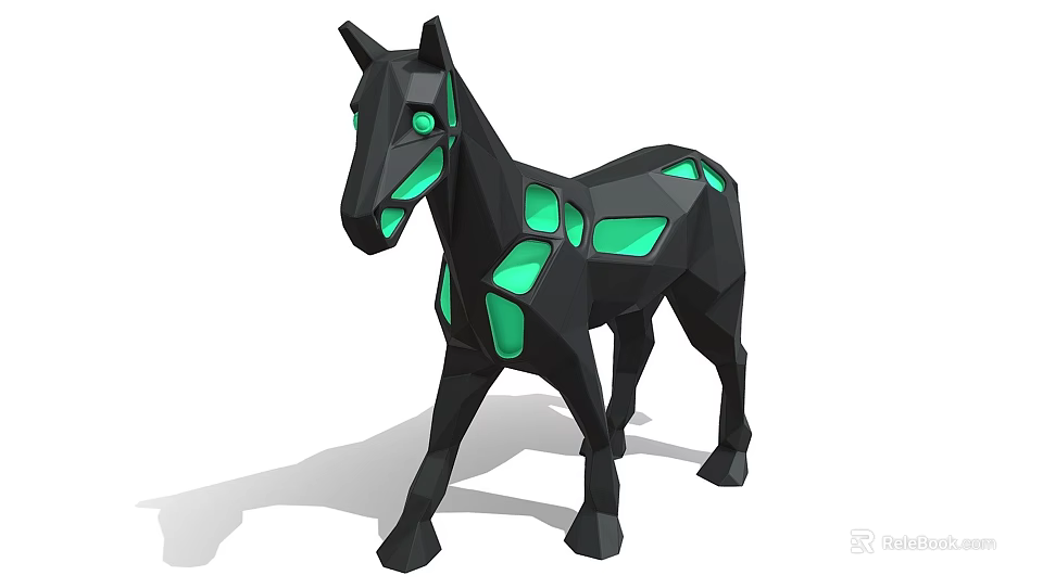 Modern Geometric Black Horse Shaped Ornamental Decoration Set With Green Translucent Accents 3d model 