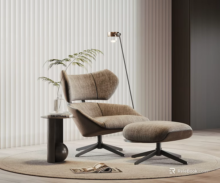 Modern Leisure Chair with Ottoman Side Table Green Plant and Floor Lamp on Rug 3d model 