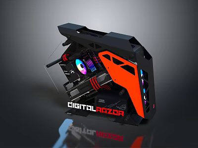 Digital Razor Open Frame Gaming PC Case With RGB Lighting And Black Orange Design 3d model