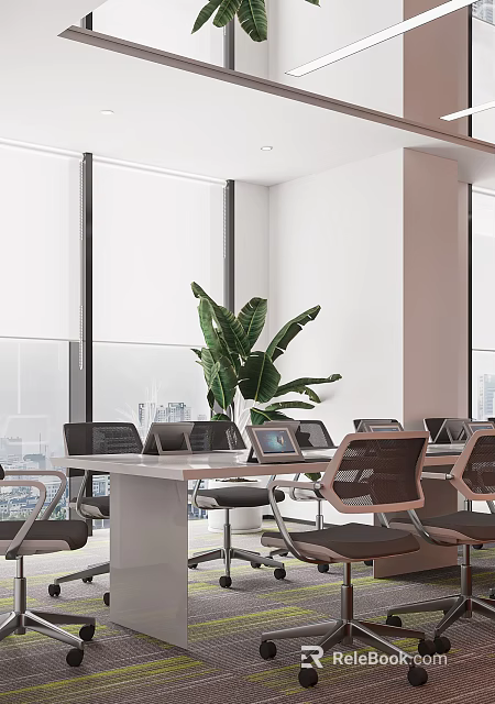 Modern Conference Room Interior Design Featuring Conference Table Chairs Green Plant And Windows 3d model 