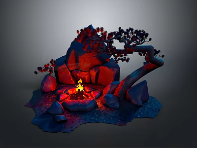 Natural Landscape With Wooden Curved Tree And Red Stone Pile Featuring Burning Campfire 3d model