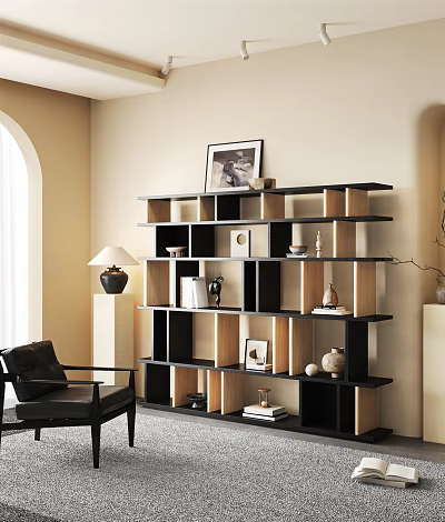 Modern Open Shelves Bookcase in Black and Wooden with Books Photo Frame and Floor Lamp 3d model