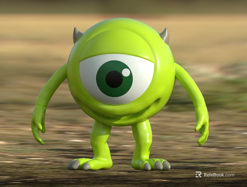 Green One Eyed Monster Movie Character With Friendly Appearance And Small Horns 3d model 