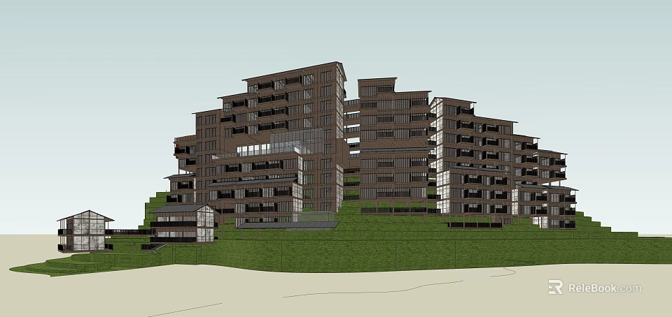 Ancient Traditional Architecture Multi storey Building on Green Hillside with Grassland 3d model 