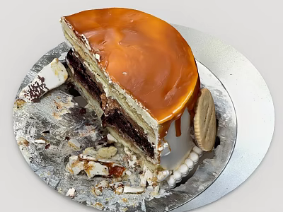 Delicious Layered Caramel Cake with Chocolate Cream and Cookie Crumbs on Plate 3d model