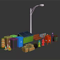 Urban Street Facilities With Street Lamp Colorful Trash Bins Traffic Cones And Bench