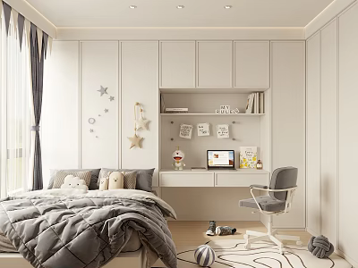 Tatami Bedroom Interior With Grey Bed White Desk Built-in Bookshelf Grey Chair And Star Decorations 3d model
