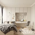 Tatami Bedroom Interior With Grey Bed White Desk Built-in Bookshelf Grey Chair And Star Decorations