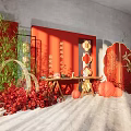 Chinese Style Banquet Hall With Red Decorations Dragon Phoenix Design Double Happiness Symbol And Lanterns