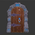 Decorative Wooden Door With Stone Frame Metal Hardware And Blue Runes