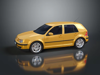 Golden Hatchback Car With Black Stripes And Silver Rims On Reflective Surface 3d model