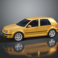 Golden Hatchback Car With Black Stripes And Silver Rims On Reflective Surface