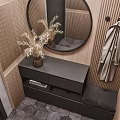 Modern Shoe Cabinet Design With Round Mirror Wooden Wall Bench And Dried Plants