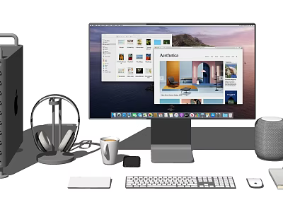 Modern Home Office Desktop Setup With Monitor Headphones Keyboard Mouse And Speaker 3d model